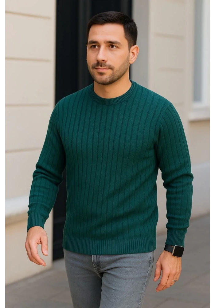 Erkek Fitilli Triko Kazak 2’li Set Siyah Haki Kalın Dokuma Pamuklu Regular Fit Bisiklet