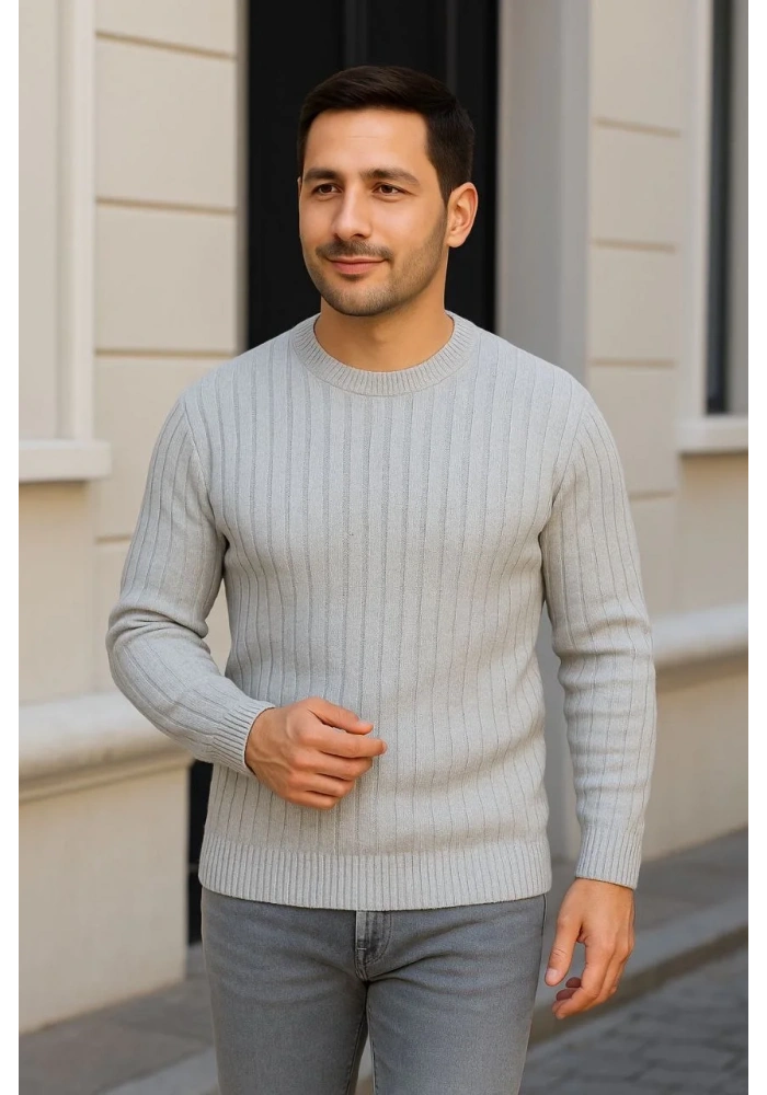 Erkek Fitilli Triko Kazak 3lü Set Beyaz Gri Siyah Regular Fit Bisiklet Yaka Triko Seti