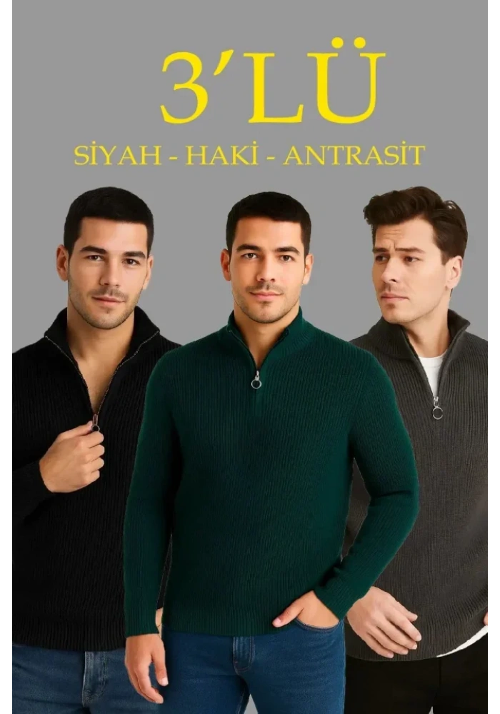 Erkek Fitilli Triko Kazak 3’lü Set – Haki, Siyah, Antrasit Kalın Dokuma Pamuklu Regular Fit V Yaka Fermuarlı Uzun Kollu Rahat Kışlık Kazak Kombini