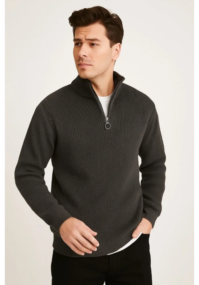 Erkek Fitilli Triko Kazak 3’lü Set Haki Siyah Antrasit Kalın Dokuma Pamuklu Regular Fit V