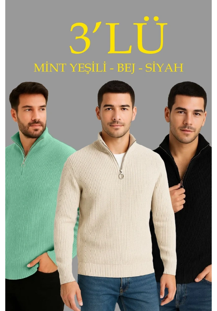Erkek Fitilli Triko Kazak 3’lü Set Mint Yeşili Siyah Bej Kalın Dokuma Pamuklu Regular Fit