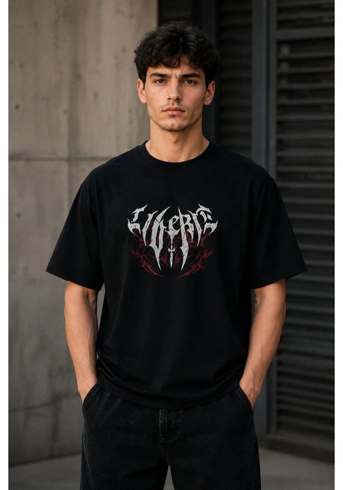 Erkek Gotik Yazı Baskılı Oversize Bisiklet Yaka T-Shirt - Siyah