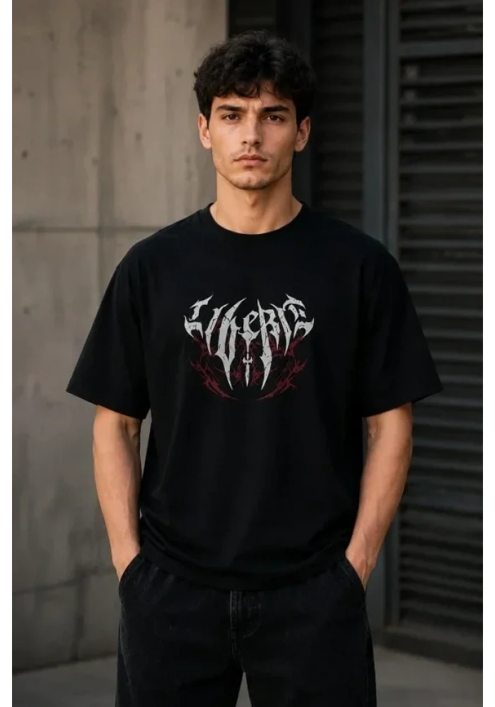 Erkek Gotik Yazı Baskılı Oversize Bisiklet Yaka T-Shirt - Siyah