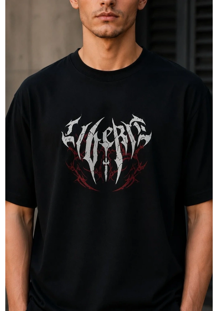 Erkek Gotik Yazı Baskılı Oversize Bisiklet Yaka T-Shirt - Siyah