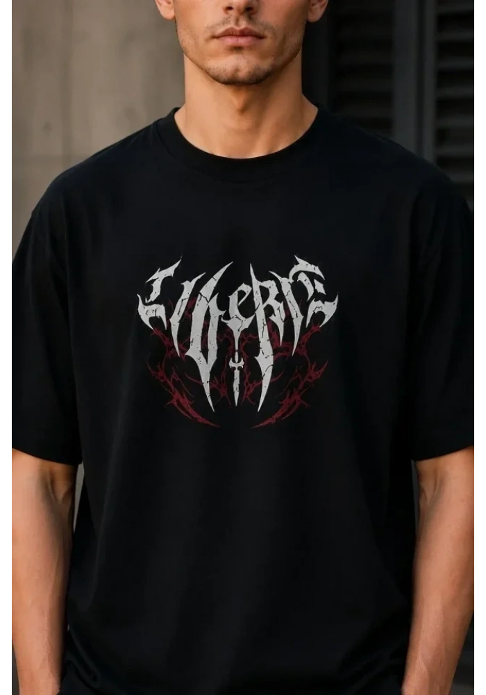 Erkek Gotik Yazı Baskılı Oversize Bisiklet Yaka T-Shirt - Siyah