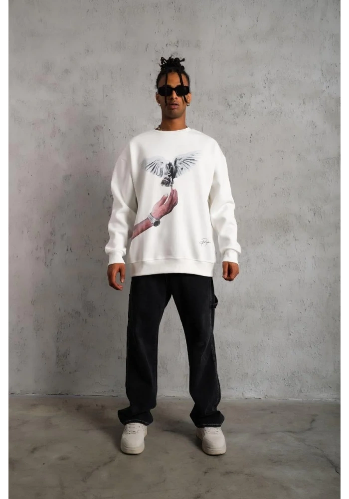 Erkek Güvercin Baskılı Sweatshirt - Beyaz