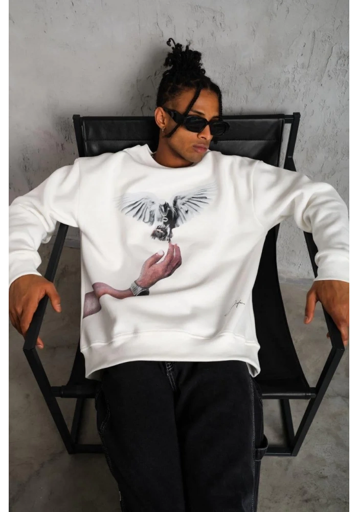 Erkek Güvercin Baskılı Sweatshirt - Beyaz
