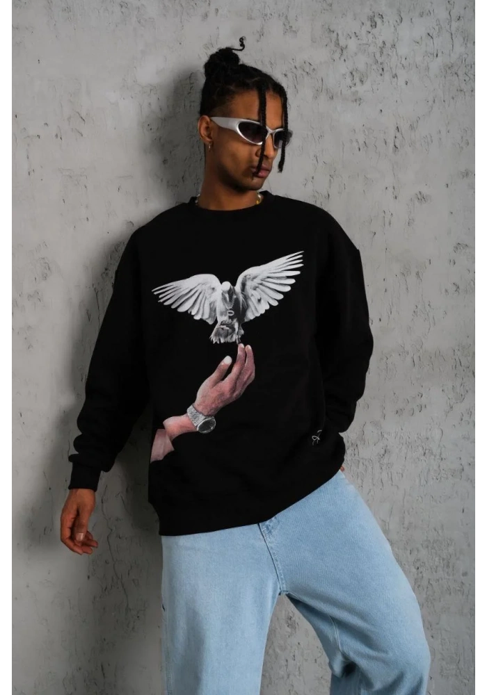 Erkek Güvercin Baskılı Sweatshirt - Siyah