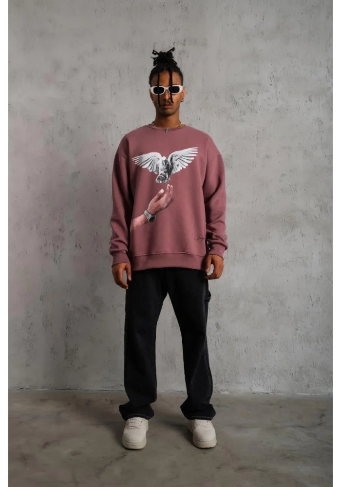 Erkek Güvercin Baskılı Bisiklet Yaka Sweatshirt 3 iplik pamuklu - Gül Kurusu