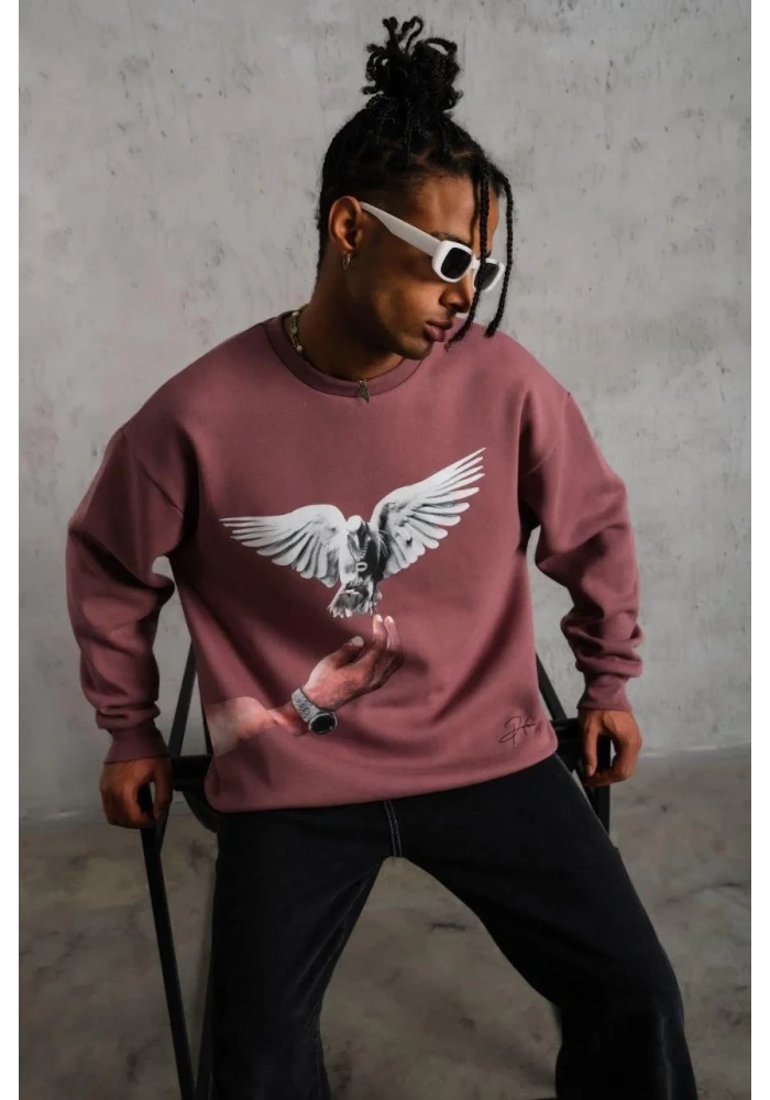 Erkek Güvercin Baskılı Bisiklet Yaka Sweatshirt 3 iplik pamuklu - Gül Kurusu