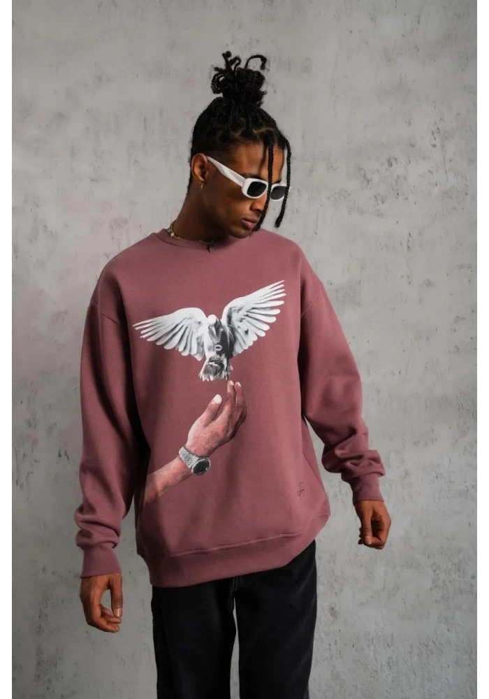 Erkek Güvercin Baskılı Bisiklet Yaka Sweatshirt 3 iplik pamuklu - Gül Kurusu