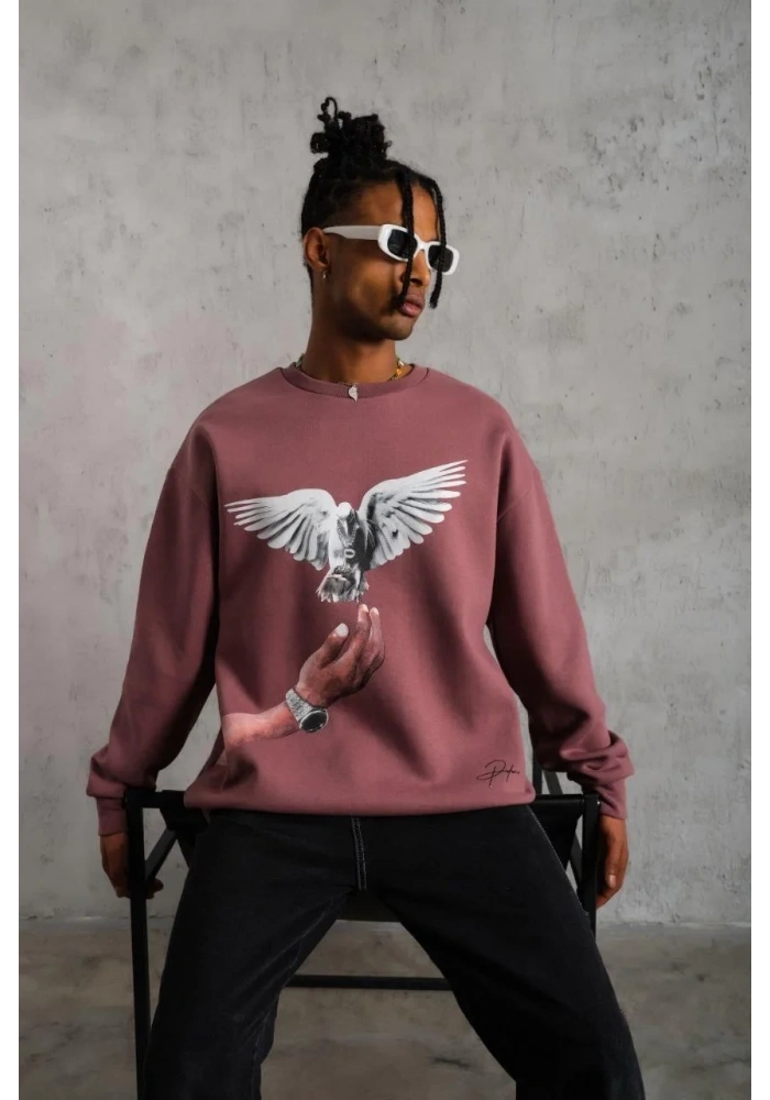 Erkek Güvercin Baskılı Bisiklet Yaka Sweatshirt 3 iplik pamuklu - Gül Kurusu