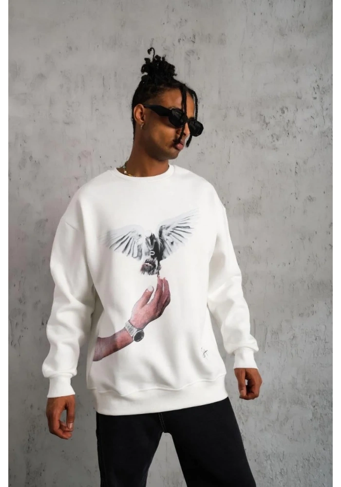 Erkek Güvercin Baskılı 3 iplik pamuklu Bisiklet Yaka Sweatshirt - Beyaz