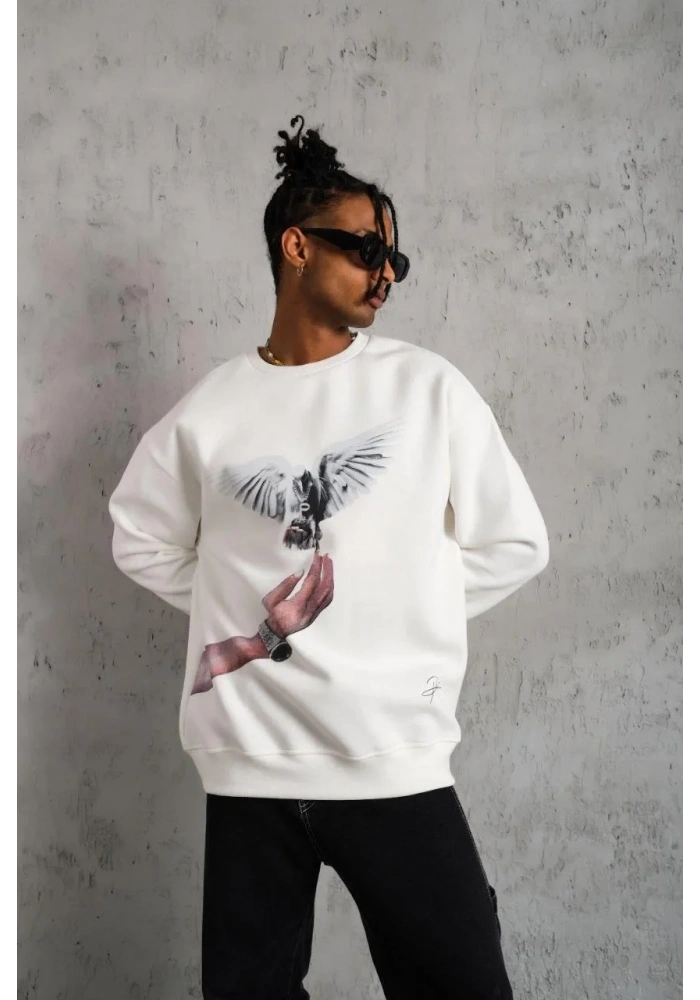 Erkek Güvercin Baskılı 3 iplik pamuklu Bisiklet Yaka Sweatshirt - Beyaz