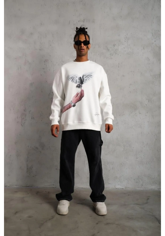 Erkek Güvercin Baskılı 3 iplik pamuklu Bisiklet Yaka Sweatshirt - Beyaz