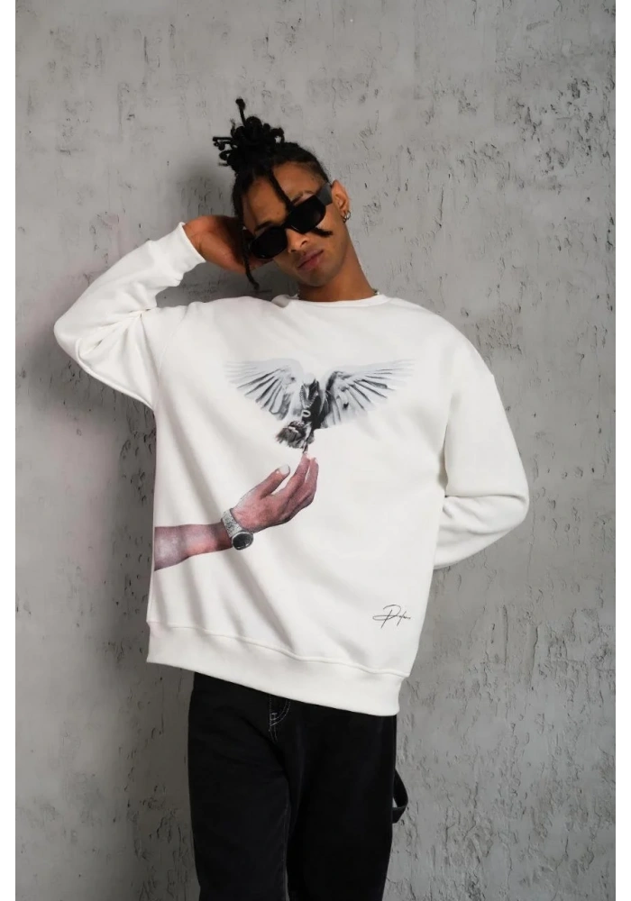 Erkek Güvercin Baskılı 3 iplik pamuklu Bisiklet Yaka Sweatshirt - Beyaz