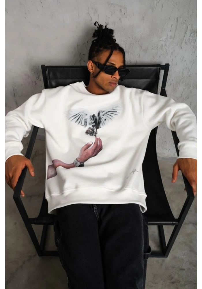 Erkek Güvercin Baskılı 3 iplik pamuklu Bisiklet Yaka Sweatshirt - Beyaz