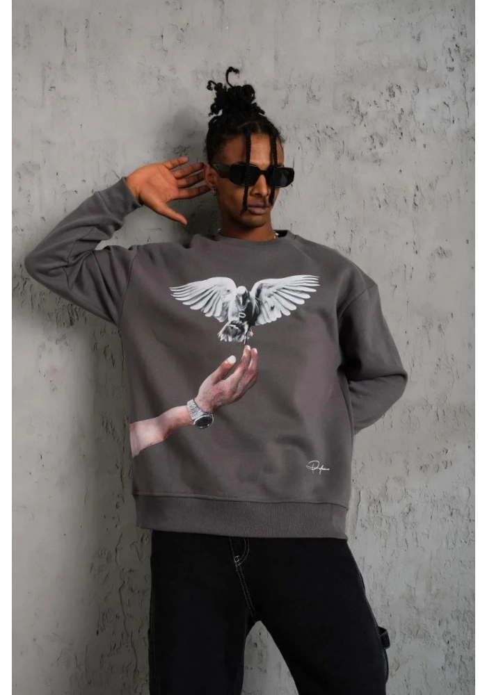 Erkek Güvercin Baskılı 3 iplik pamuklu Bisiklet Yaka Sweatshirt - Gri