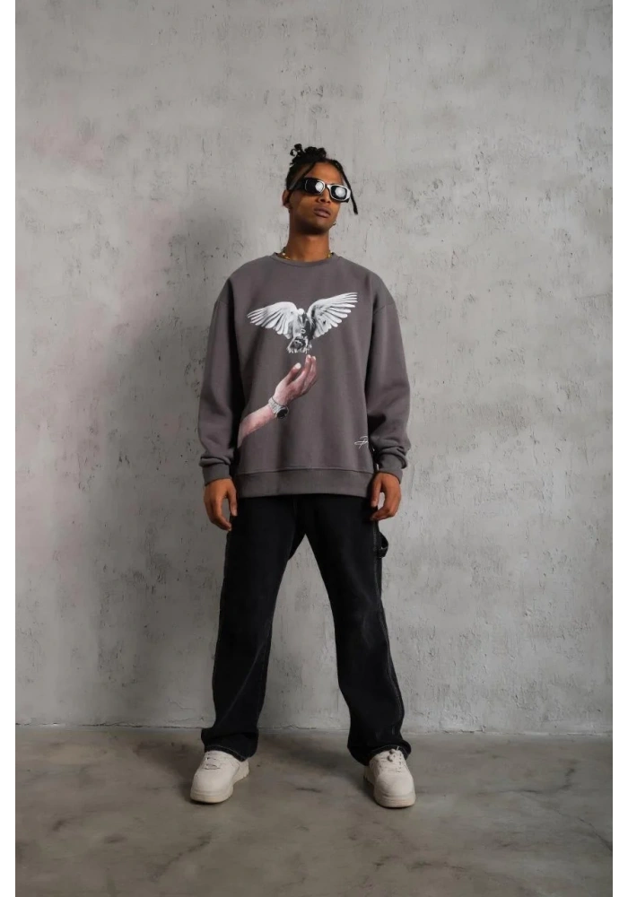 Erkek Güvercin Baskılı 3 iplik pamuklu Bisiklet Yaka Sweatshirt - Gri