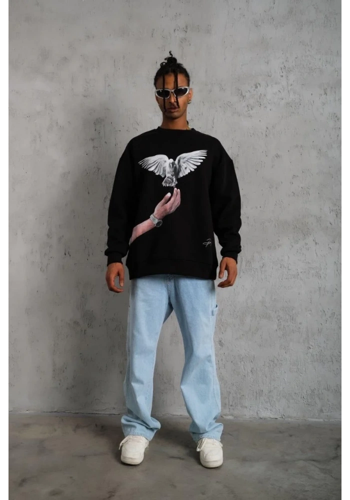 Erkek Güvercin Baskılı 3 iplik Bisiklet Yaka ipamuklu Sweatshirt - Siyah