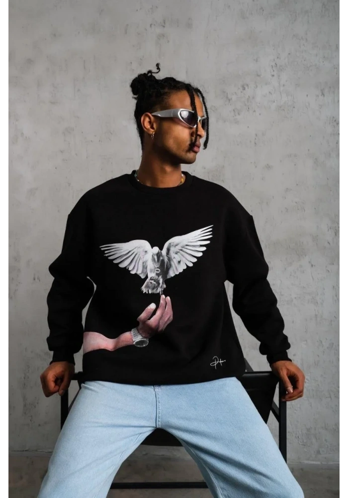 Erkek Güvercin Baskılı 3 iplik Bisiklet Yaka ipamuklu Sweatshirt - Siyah