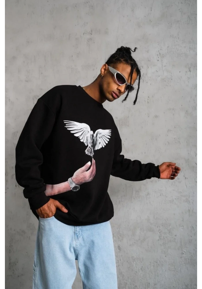 Erkek Güvercin Baskılı 3 iplik Bisiklet Yaka ipamuklu Sweatshirt - Siyah