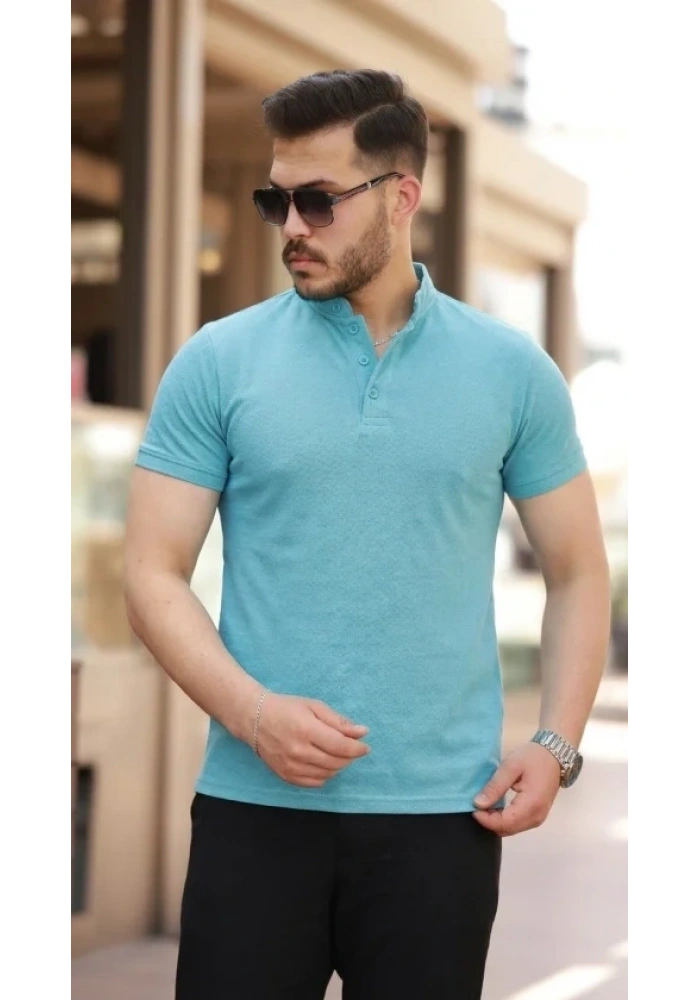 Erkek Hakim Yaka Dokuma Pamuklu Kumaş Kısa Kollu Tişört