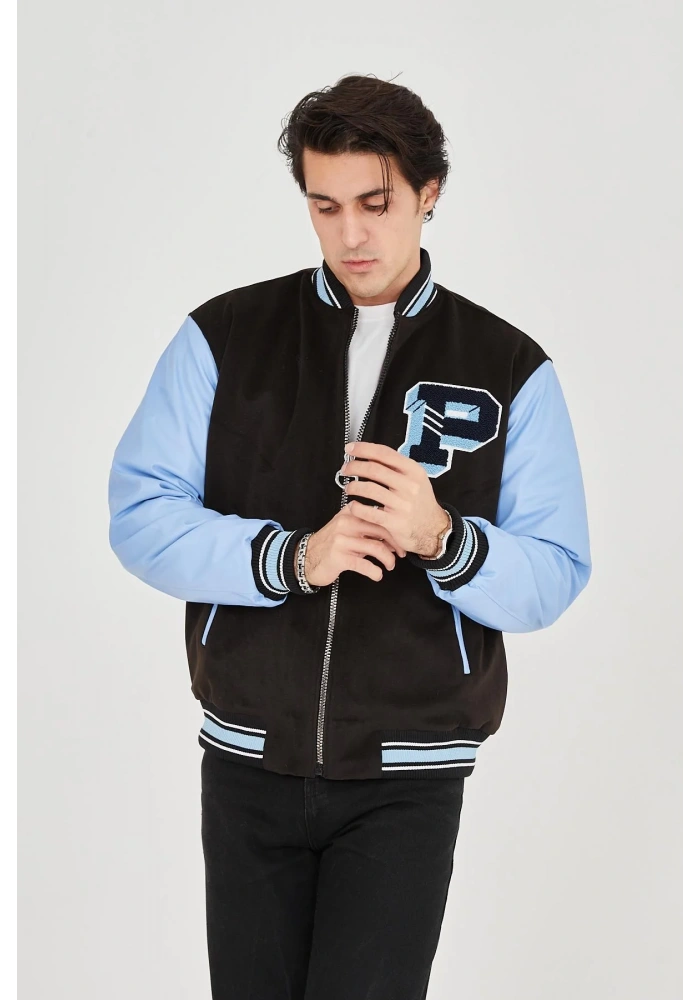 Erkek İçten Elyaf ve Astarlı Kolları Suni Deri Ceket - Mavi