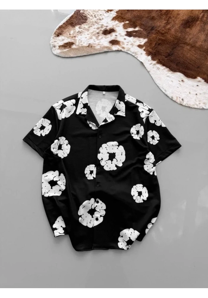 Erkek İki İplik Kumaş Baskılı Oversize Düğmeli Gömlek - Siyah