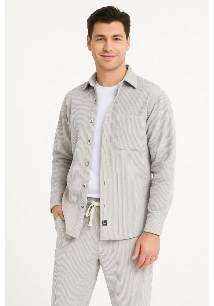 Erkek Kadife Oversize Takım Gömlek Pantolon İkili Set - Gri