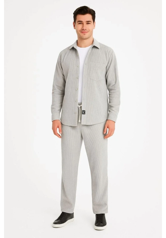 Erkek Kadife Oversize Takım Gömlek Pantolon İkili Set - Gri