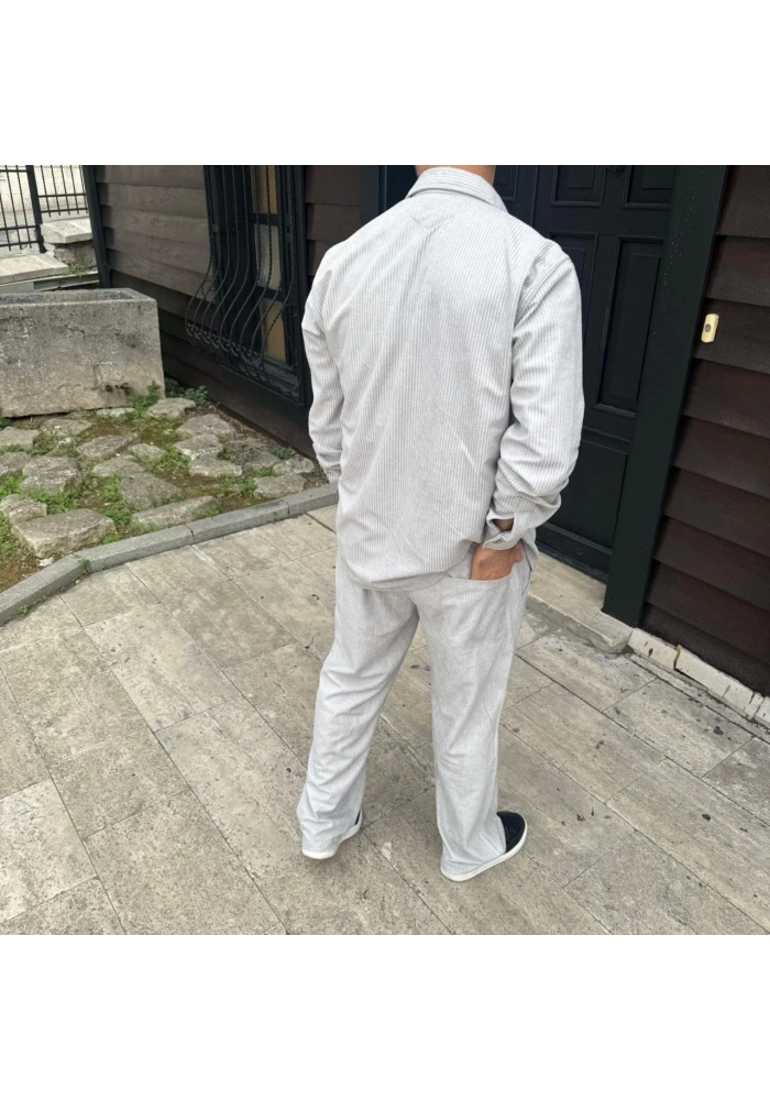 Erkek Kadife Oversize Takım Gömlek Pantolon İkili Set - Gri