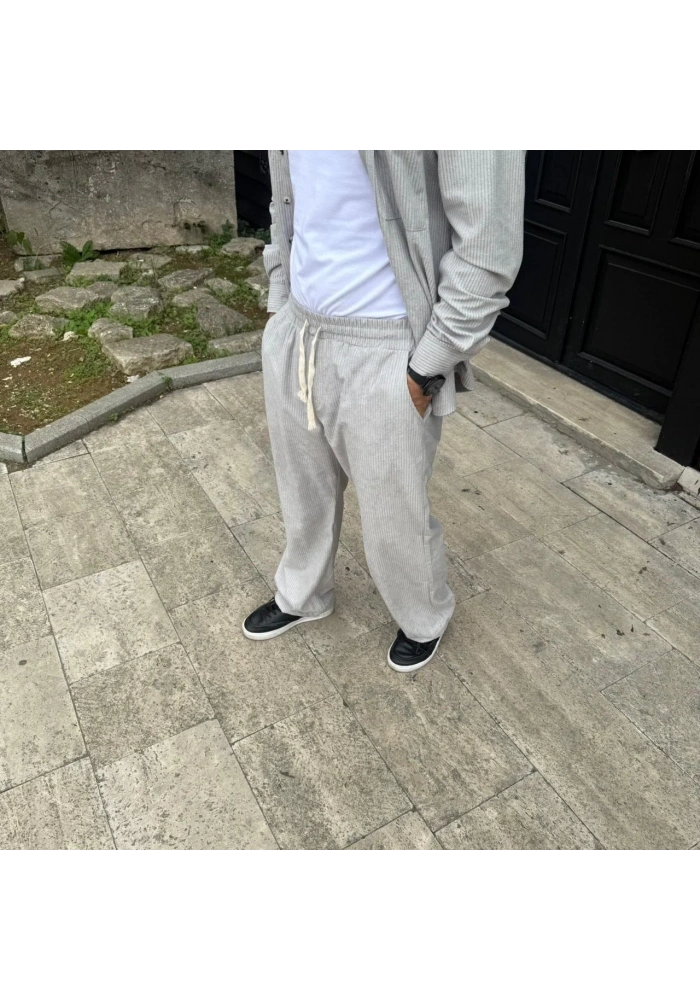Erkek Kadife Oversize Takım Gömlek Pantolon İkili Set - Gri
