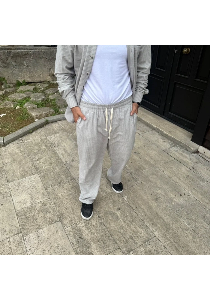 Erkek Kadife Oversize Takım Gömlek Pantolon İkili Set - Gri