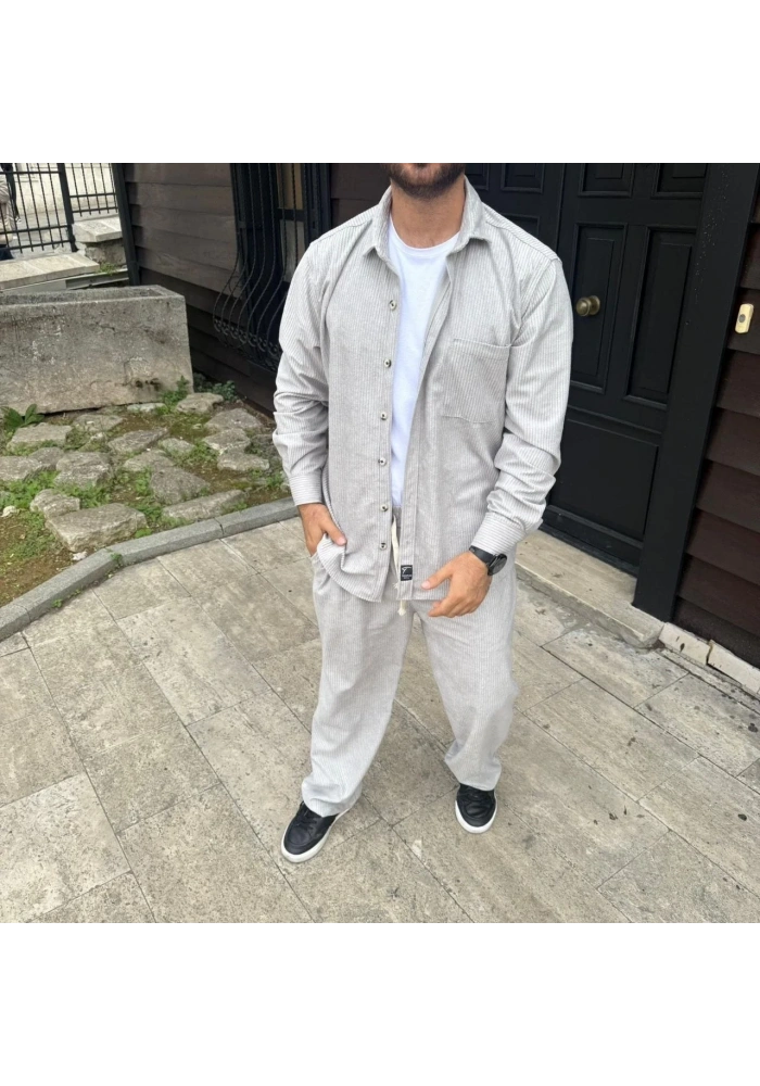Erkek Kadife Oversize Takım Gömlek Pantolon İkili Set - Gri