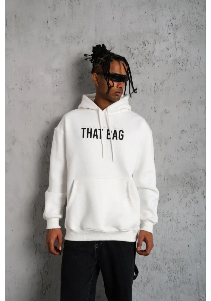Erkek 3 İplik Pamuklu Kapüşonlu Baskılı Cepli Oversize Sweatshirt Hoodie - Beyaz