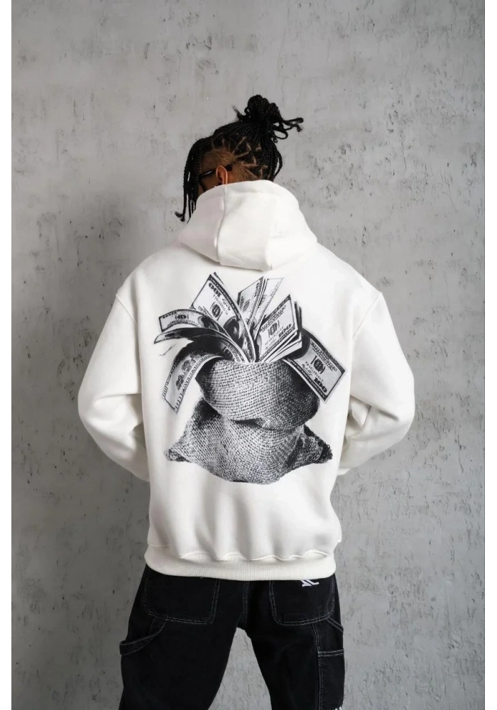 Erkek 3 İplik Pamuklu Kapüşonlu Baskılı Cepli Oversize Sweatshirt Hoodie - Beyaz