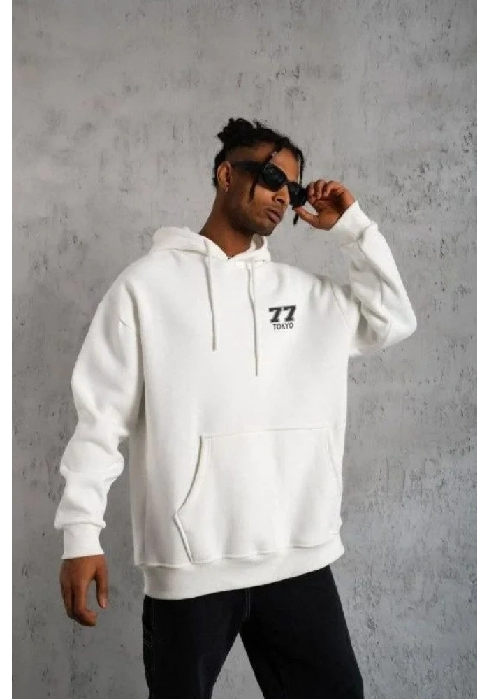 Erkek 3 İplik Pamuklu Kapüşonlu Baskılı Cepli Oversize Sweatshirt Hoodie - Beyaz
