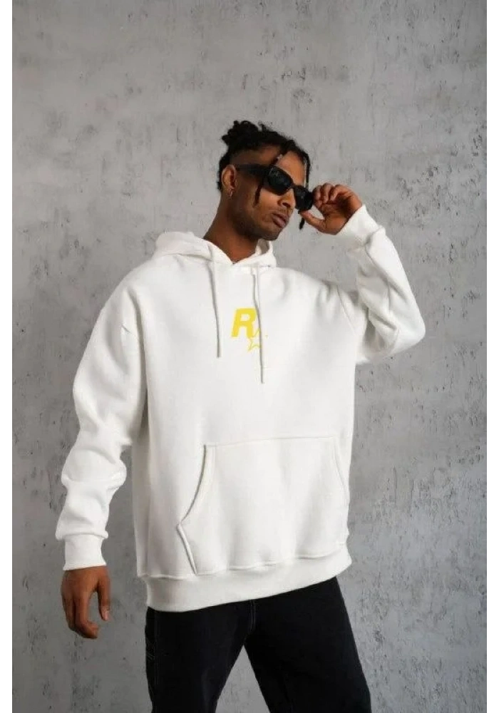 Erkek 3 İplik Pamuklu Kapüşonlu Baskılı Cepli Oversize Sweatshirt Hoodie - Beyaz