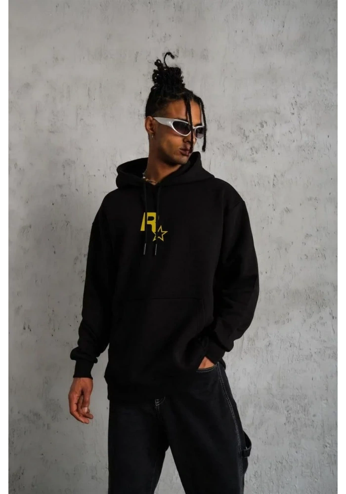 Erkek 3 İplik Pamuklu Kapüşonlu Baskılı Cepli Oversize Sweatshirt Hoodie - Siyah