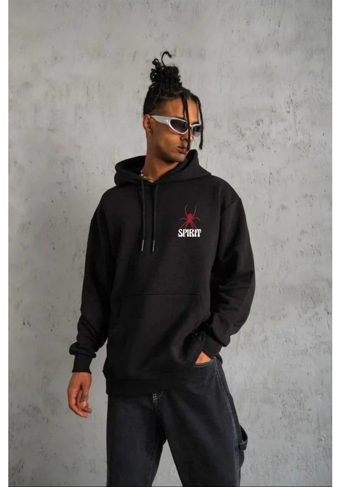 Erkek 3 İplik Pamuklu Kapüşonlu Baskılı Cepli Oversize Sweatshirt Hoodie - Siyah