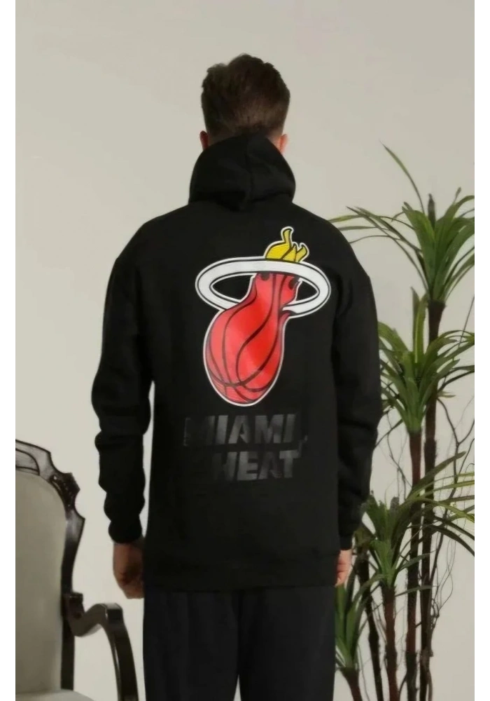 Erkek 3 İplik Pamuklu Kapüşonlu Baskılı Cepli Oversize Sweatshirt Hoodie - Siyah