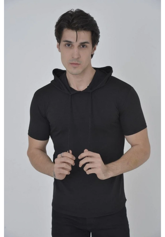 Erkek Kapşonlu Slim Fit T-shirt - Siyah