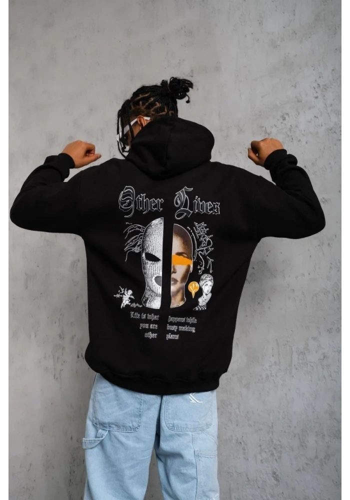 Erkek Kapüşonlu Kanguru Cepli Sweatshirt 3 İplik Pamuklu Baskılı Hoodie - Siyah