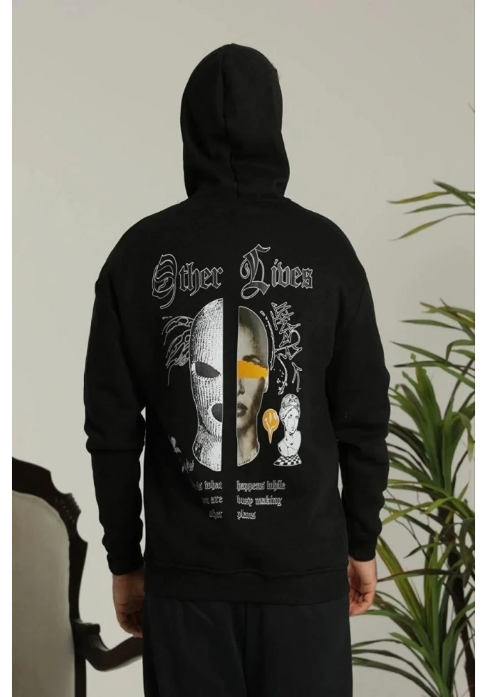 Erkek Kapüşonlu Kanguru Cepli Sweatshirt 3 İplik Pamuklu Baskılı Hoodie - Siyah