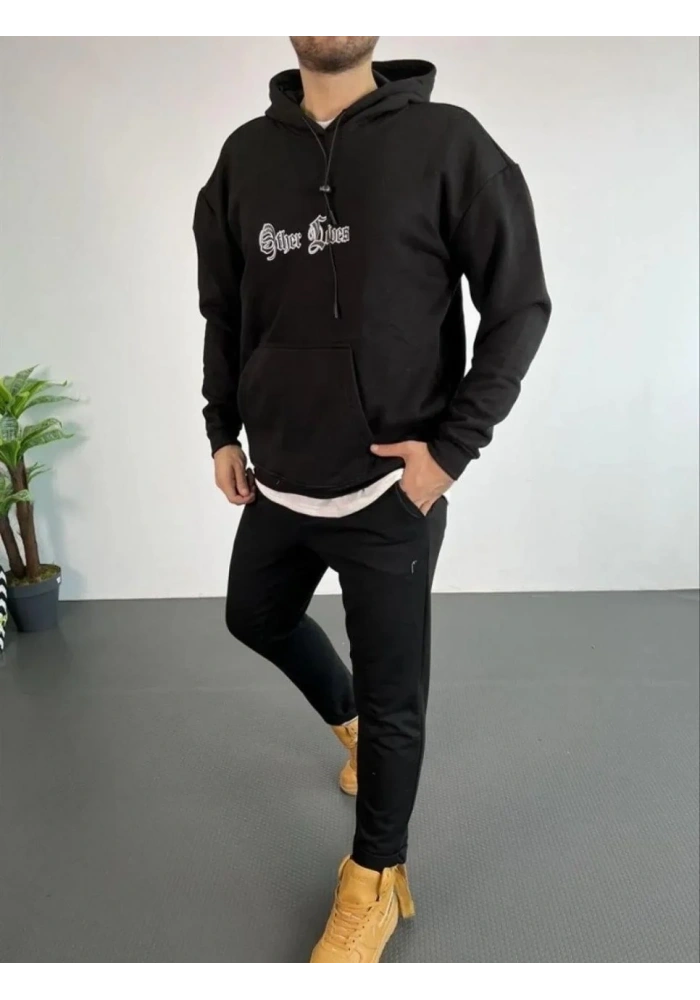 Erkek Kapüşonlu Kanguru Cepli Sweatshirt 3 İplik Pamuklu Baskılı Hoodie - Siyah