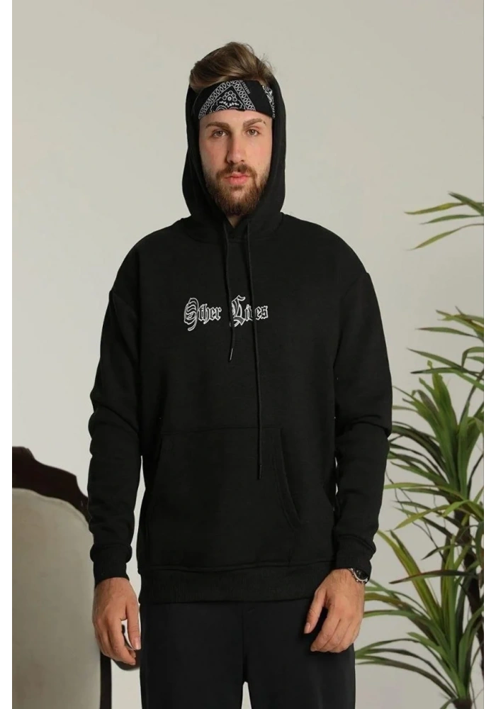 Erkek Kapüşonlu Kanguru Cepli Sweatshirt 3 İplik Pamuklu Baskılı Hoodie - Siyah