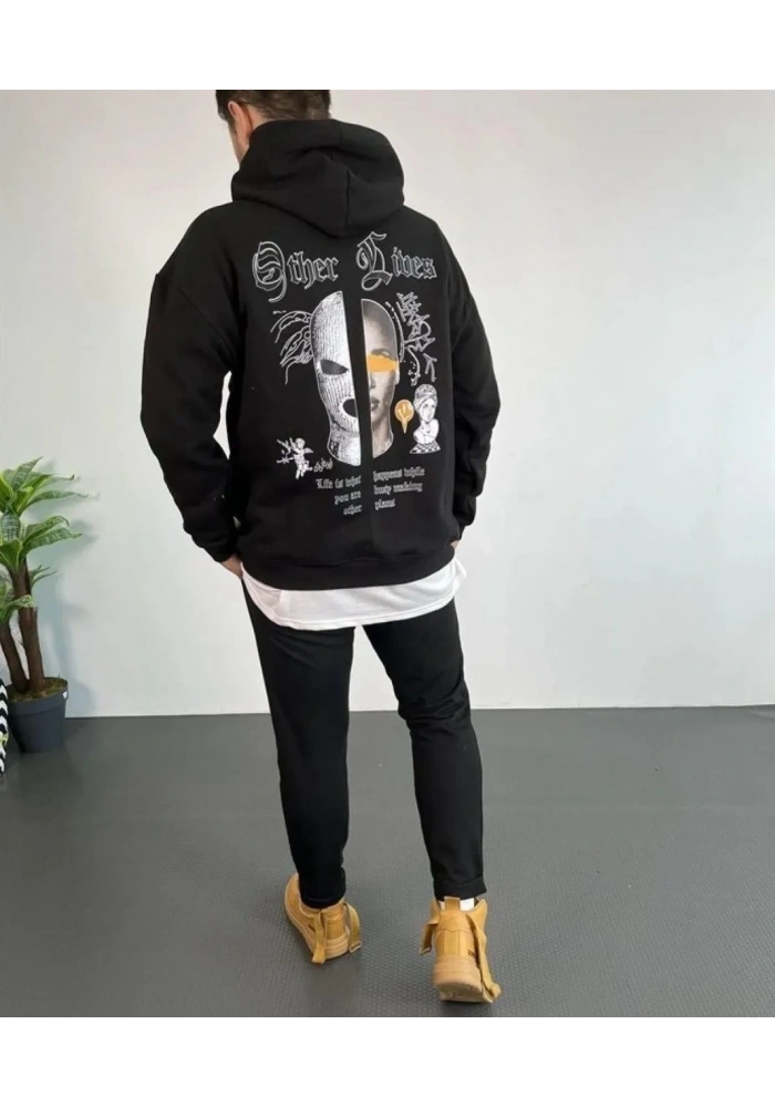 Erkek Kapüşonlu Kanguru Cepli Sweatshirt 3 İplik Pamuklu Baskılı Hoodie - Siyah