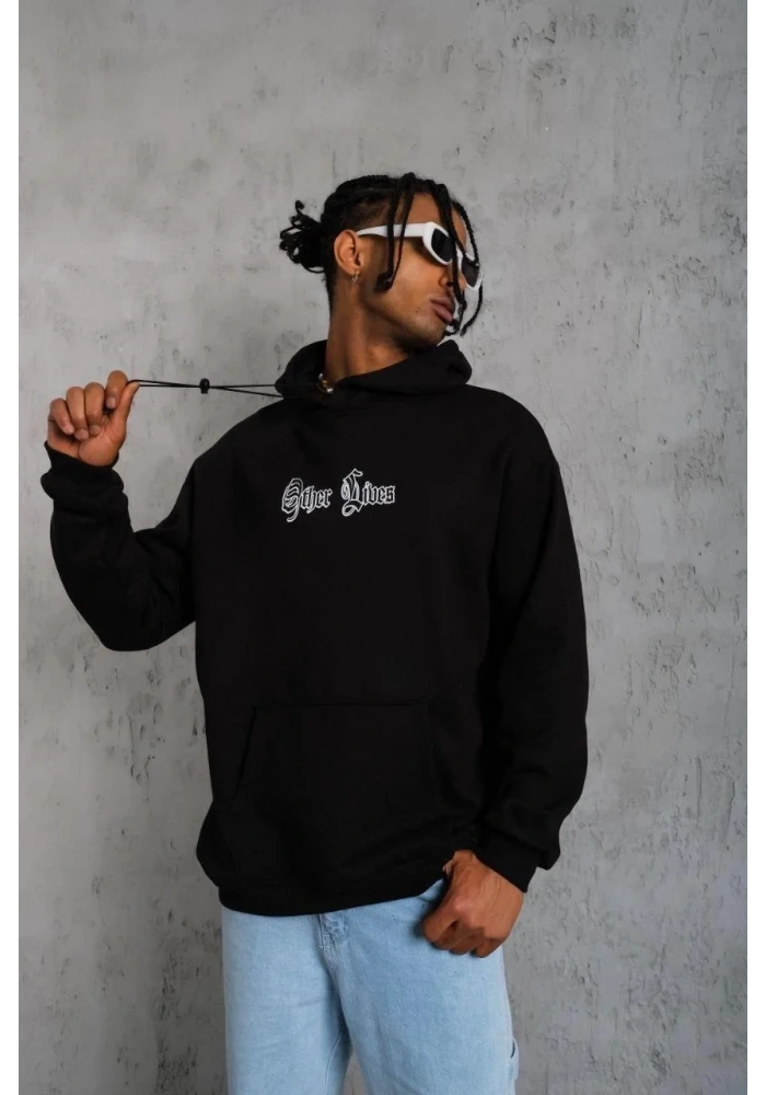 Erkek Kapüşonlu Kanguru Cepli Sweatshirt 3 İplik Pamuklu Baskılı Hoodie - Siyah