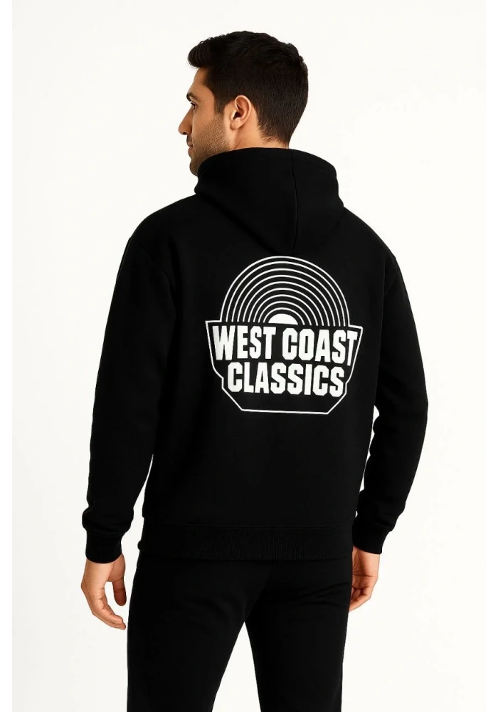 Erkek Kapşonlu Sweatshirt Oversize Üç İplik Şardonlu West Coast Classics Ön Arka - Siyah
